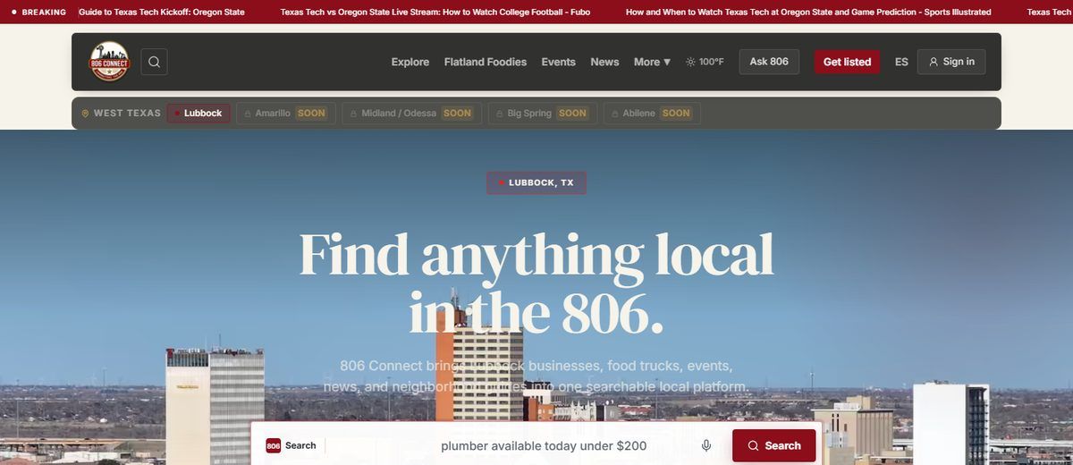 Screenshot of the 806 Connect homepage