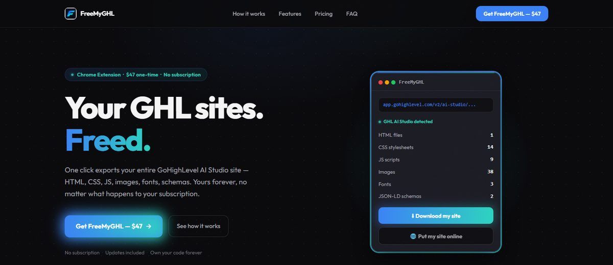 Screenshot of the FreeMyGHL homepage